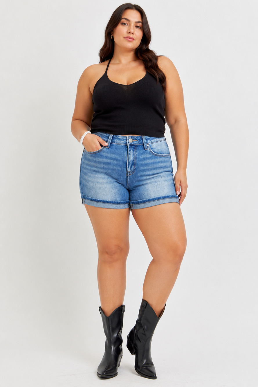RISEN Women's Mid-Rise Turn-Up Cuff Denim Shorts 2XL
